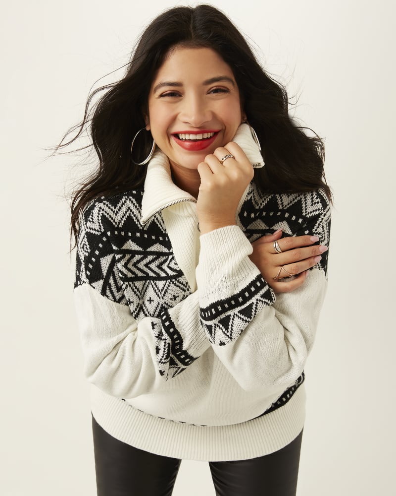 Front of plus size Iduna Fair Isle Zippered Sweater by Molly&Isadora | Dia&Co | dia_product_style_image_id:167723